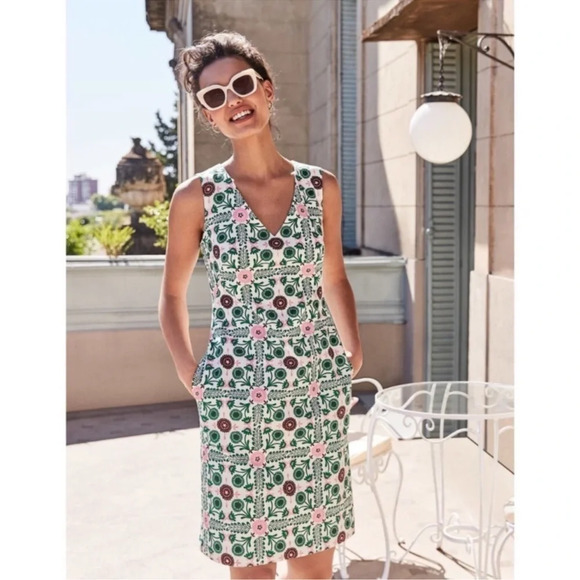 Boden Tatiana Textured Printed Dress V Trellis Tile 8L Sheath - Picture 2 of 10